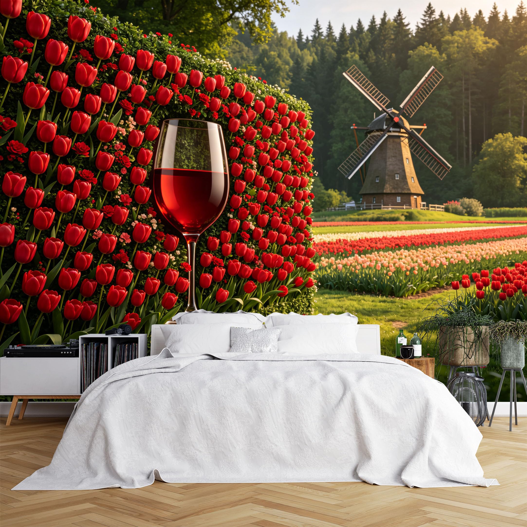 Lcythiazole Ch260615151 Custom Size Wall Murals Red Tulip Wine Glass Windmill Country Landscape Wall Murals Nature Scenery Wallpaper Large Photo Wallpaper Self-Adhesive Removable Wallpaper