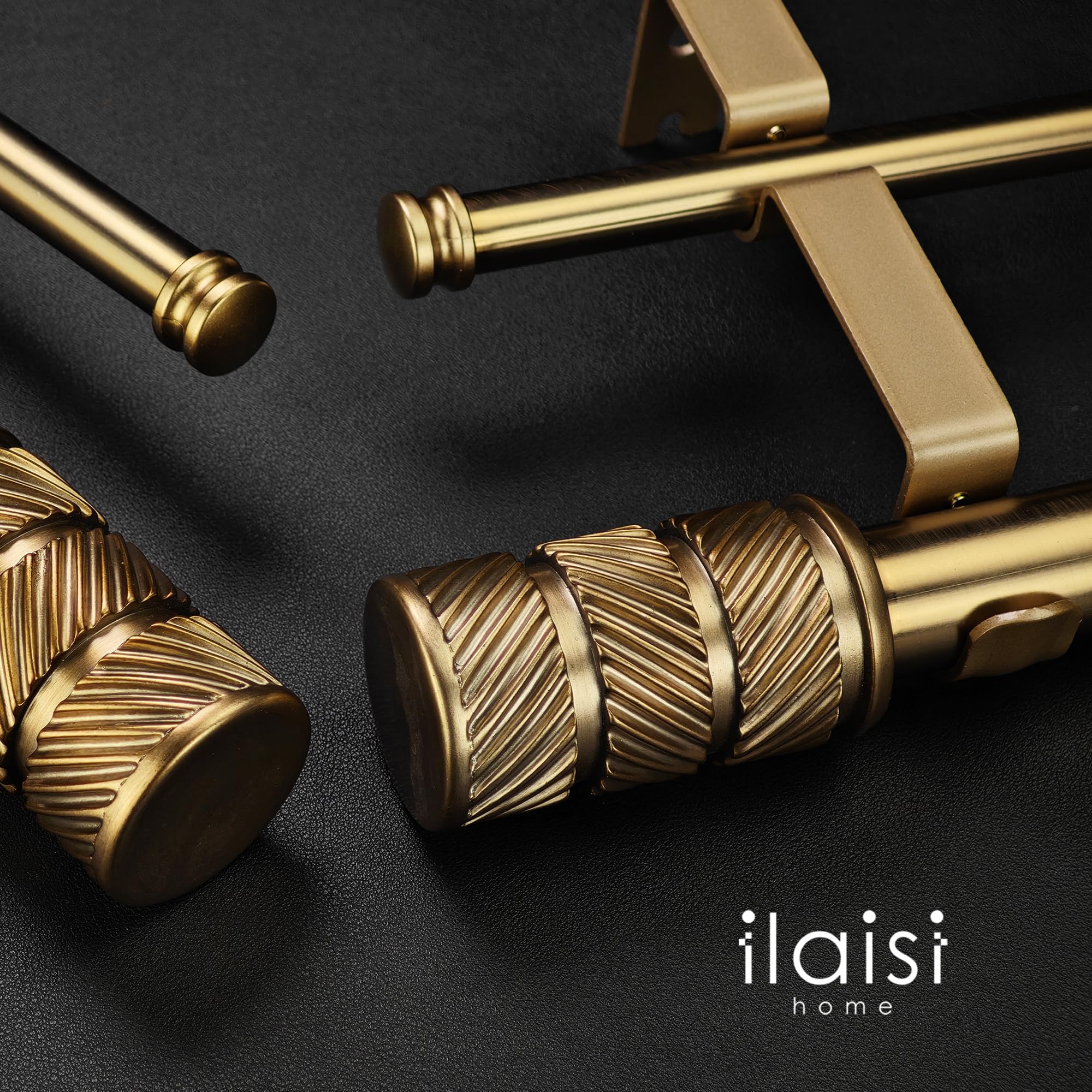 ILAISIHOME 1-1/8 Inch Diameter Antique Gold Curtain Rods with Knurl Design Finial, 36-72 inch Telescoping Double Curtain Rods for window width 24-68 inch, 1 pack