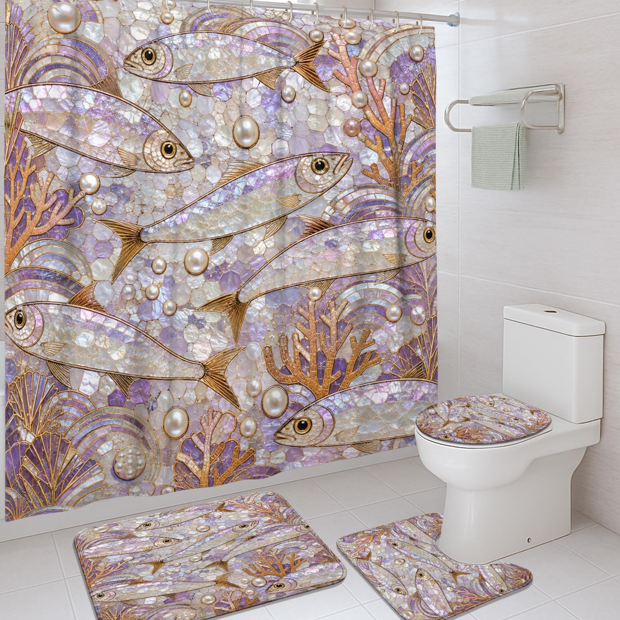 Rideau de douche en tissu imperméable anti-éclaboussures motif corail violet