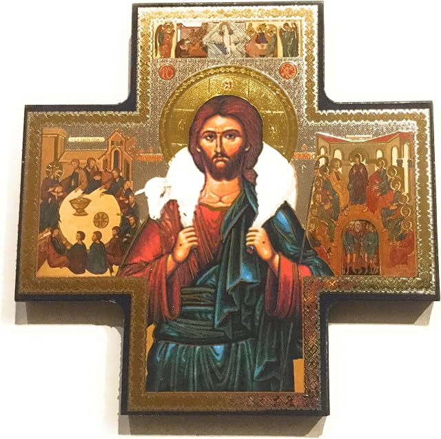Jesus Good Shepherd Cross Shaped Gold/Silver Metallic Picture Hanging Icon Style 6" x 6" Religious Gift
