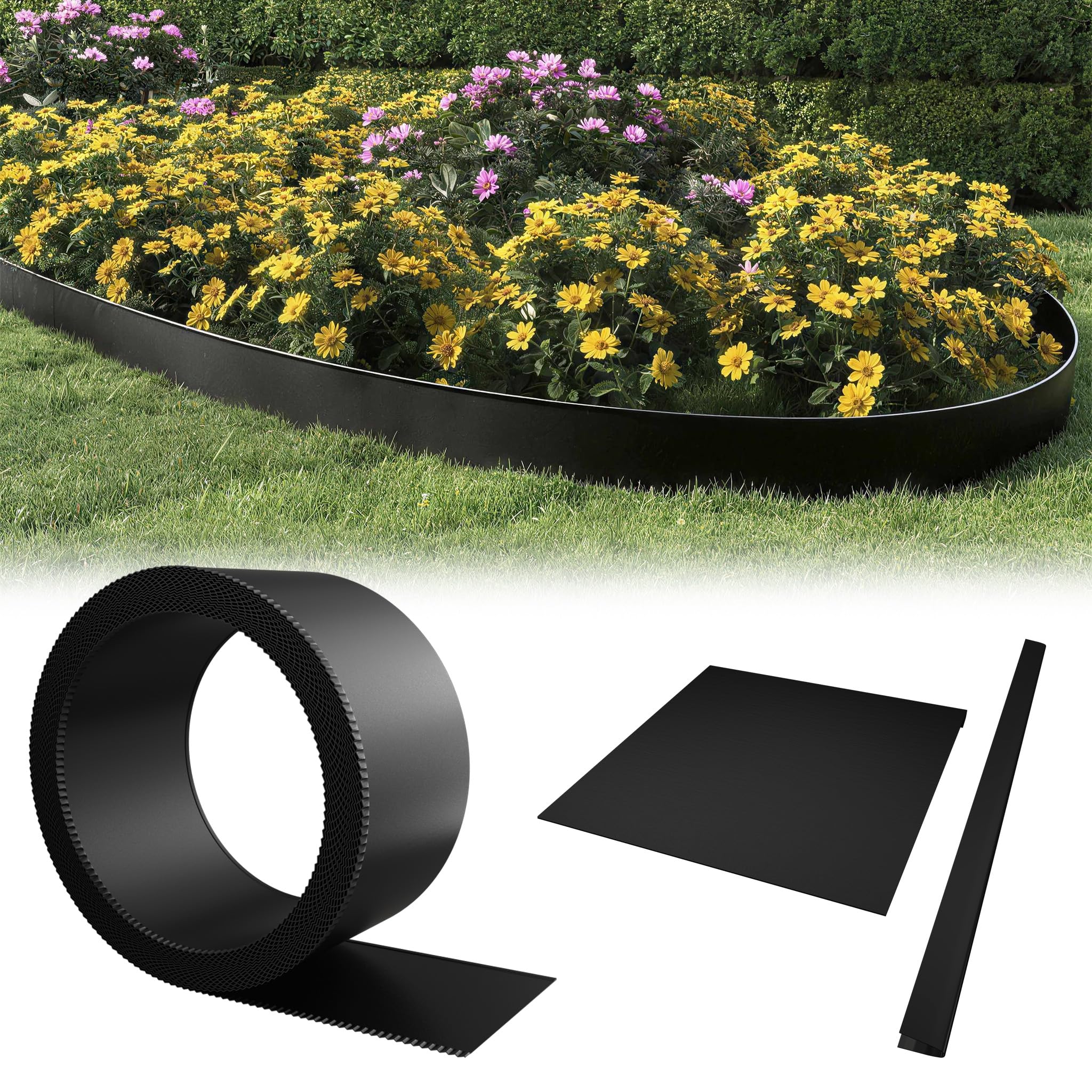 YZNAHRE 20 M x 15 CM Garden Edging Borders, Metal Lawn Edging, Weather Resistance Galvanised Lawn Sheets, Flexible Flower Bed Edging Kit for Yard, Flowerbeds, Grass, Black — image 1