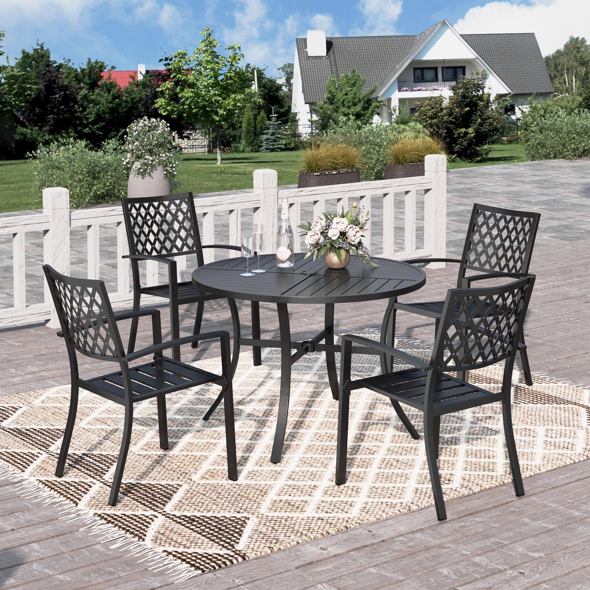PHI Villa Salon de Jardin 5 pièces pour 4 Personnes, Ensemble de mobilier d'extérieur avec Table Ronde et chaises métal empilables, revêtement E pour Balcon, terrasse et Cour