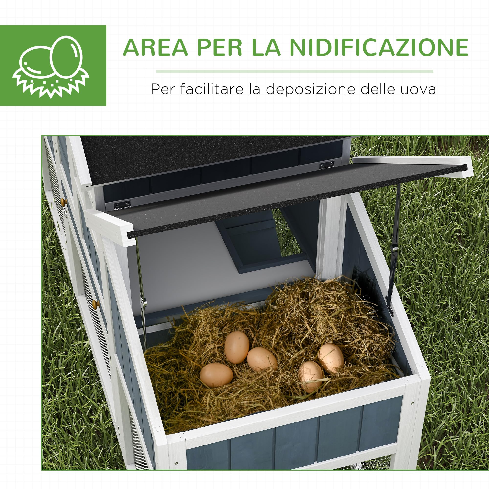 PawHut Pollaio Prefabbricato in Legno con Area Aperta, Pollaio per Galline da Esterno, Casetta per Galline e Nido per la Cova, Aiuola e Tetto in Asfalto, Grigio