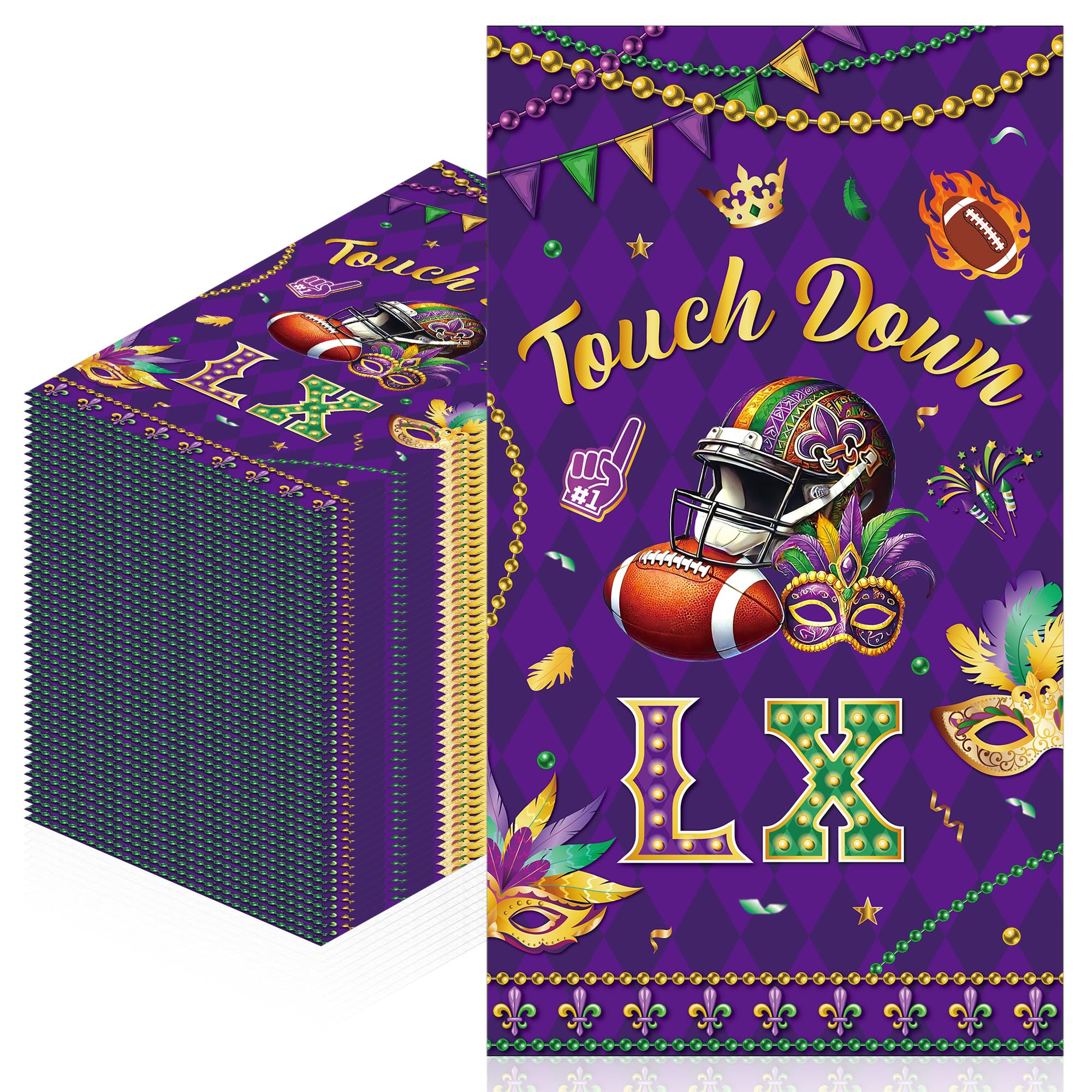 Photo 1 of 100 Pcs Mardi Gras Napkins, Touchdown LX Football Party Napkins, Purple Gold Mask Beads Table Decor for Game Day, Fat Tuesday Celebration Supplies