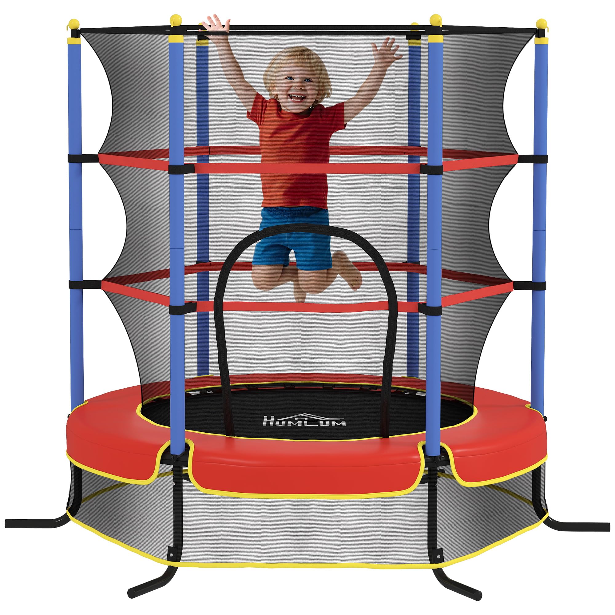 HOMCOM Trampolino Elastico per Bambini Età 3-10 Anni Ø175 x 190 cm Blu | Con Rete di Sicurezza, Tappeto Elastico, Pali Imbottiti, per Interno ed Esterno