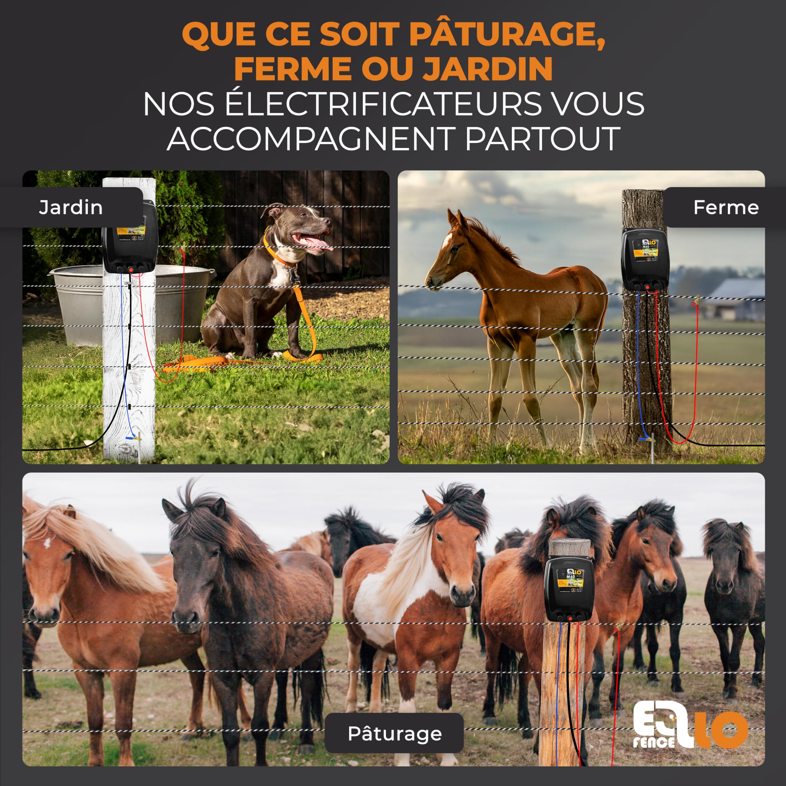 Électrificateur clôture électrique 230 V secteur (M60) – Extra puissant & silencieux – Appareil premium pour animaux domestiques et d’élevage – Avec indicateur de contrôle de clôture
