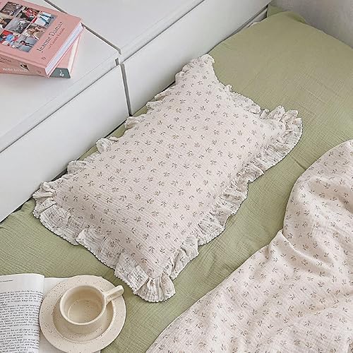 BuLuTu Funda de almohada de muselina de algodón para niños pequeños, diseño de brotes, funda de almohada Shabby Chic con borde de volantes, funda de