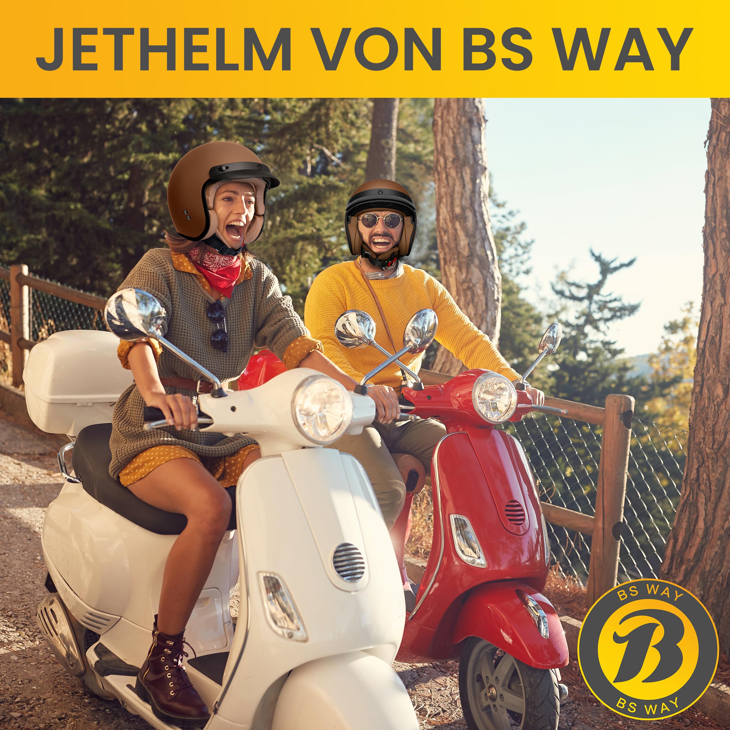 Jethelm mit Visier by BS Way: Hochwertiger Motorradhelm, ECE-Zertifiziert für Herren und Damen - Ideal für Roller, Moped, Mofa und Scooter - Retro Helm Design, Halbschalenhelm Frost Braun