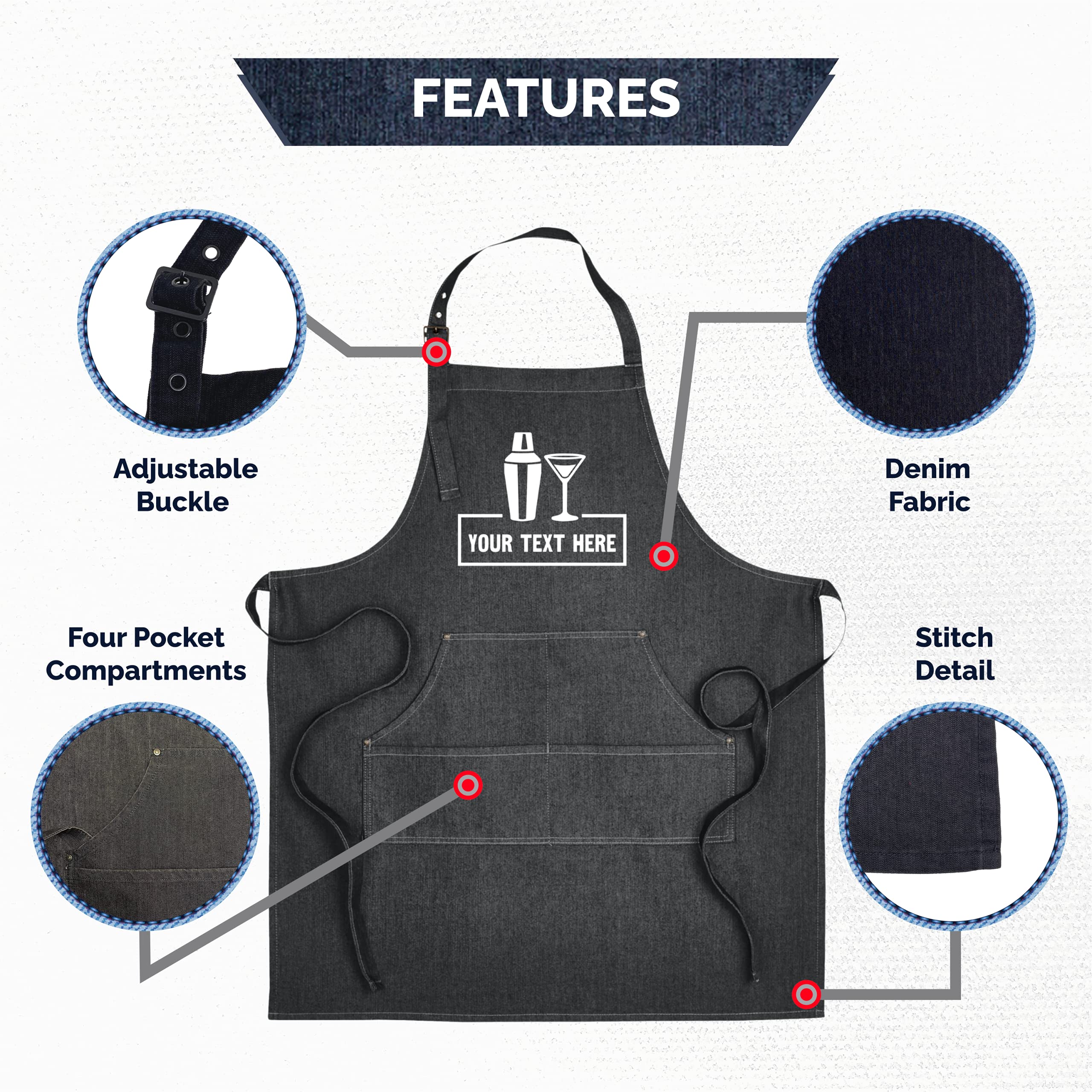 Hot4TShirts Personalized Apron for Men & Women — Custom Denim Bartender Apron with Pockets — Customized Bartending Gifts (Black Denim)