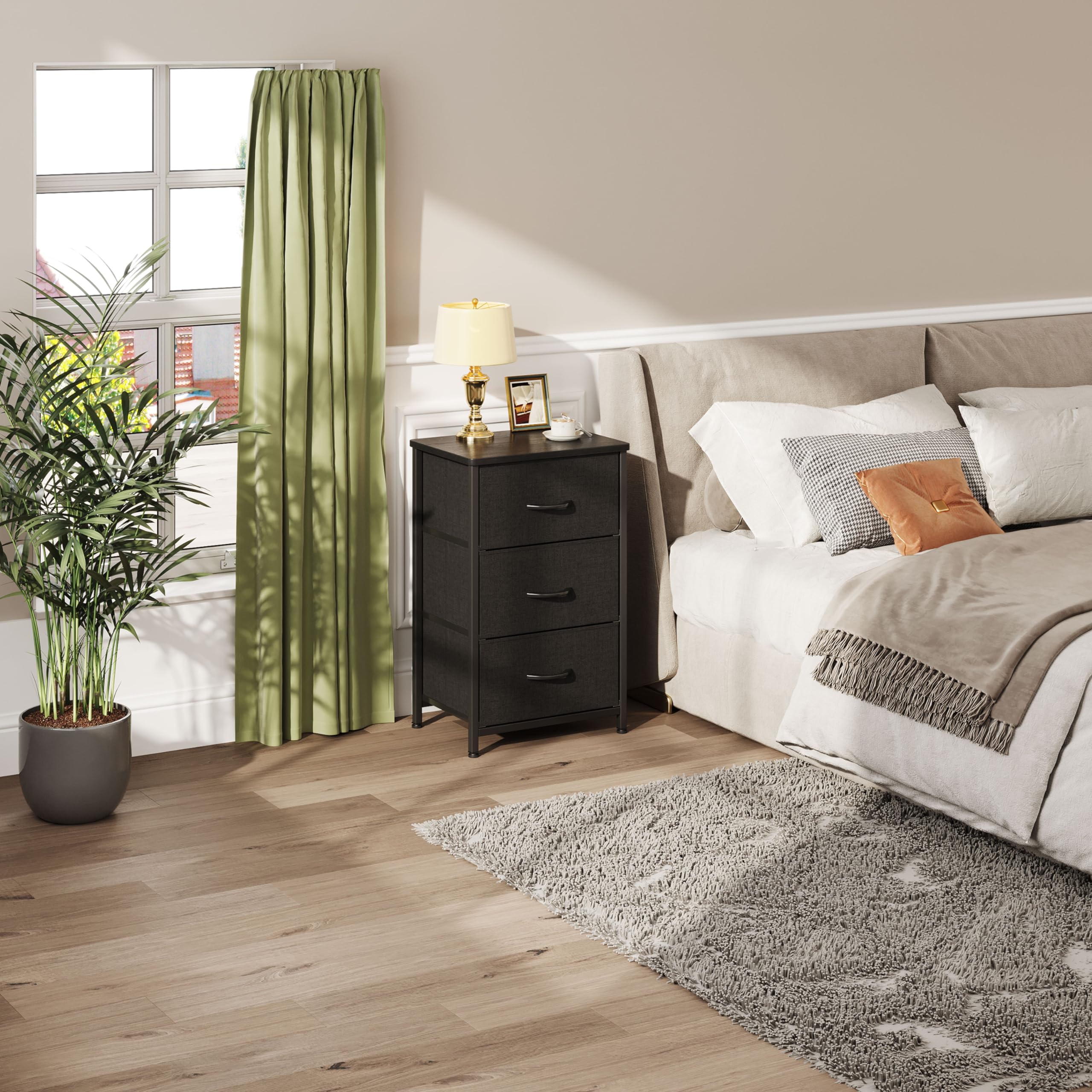 CAIYUN Cómoda de cabecera con 3 cajones, estrecho armario de tela, aparador con tablero de madera, almacenamiento para dormitorio, sala de estar, pasillo, diseño moderno, negro, ahorro de espacio