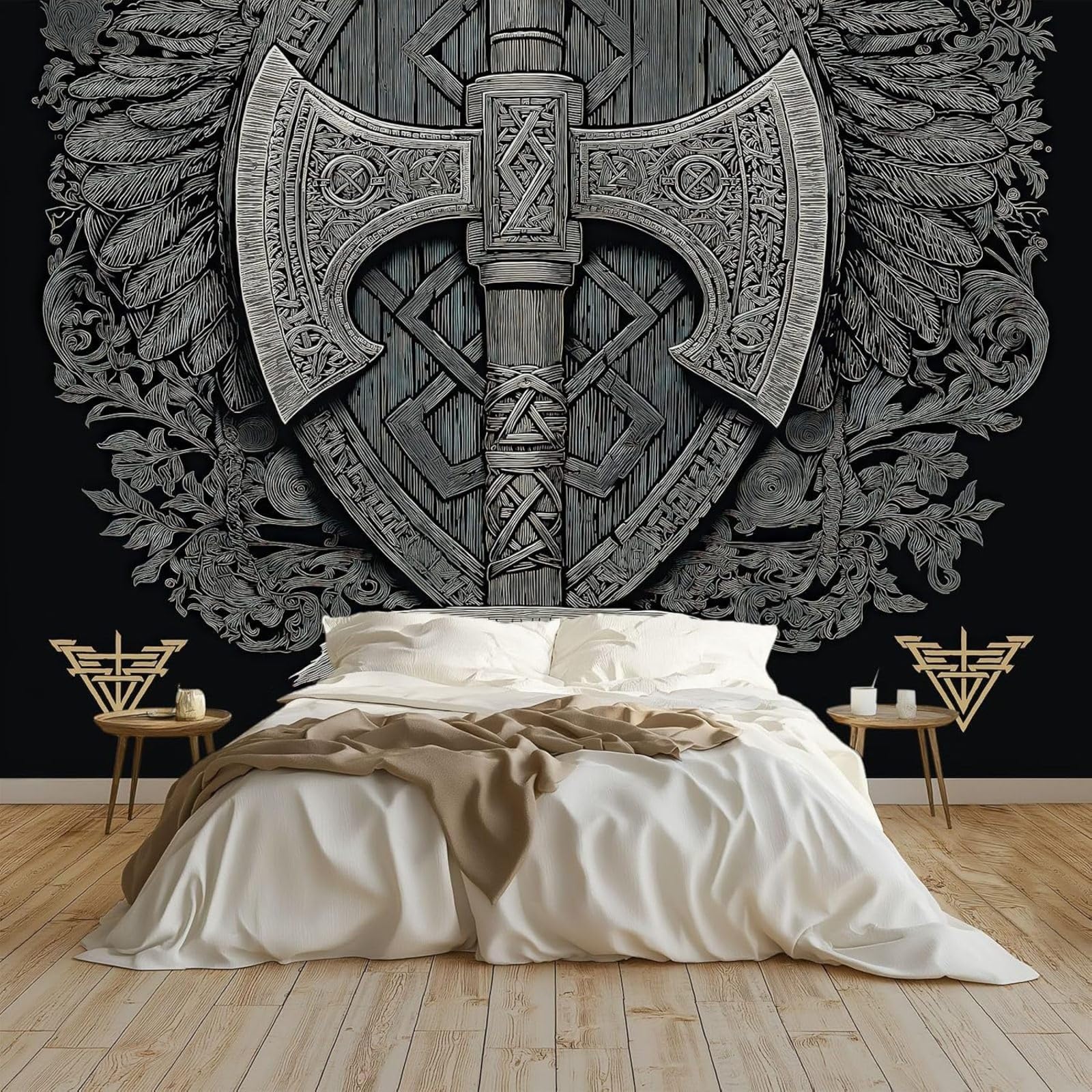hgjdjhnf Photo Wallpaper Viking Shield Runes Wallpaper Non-Woven Modern Wall Bedroom Living Room Wall Wallpaper Black,400cmx280cm Stickers - Frameless Painting - Poster