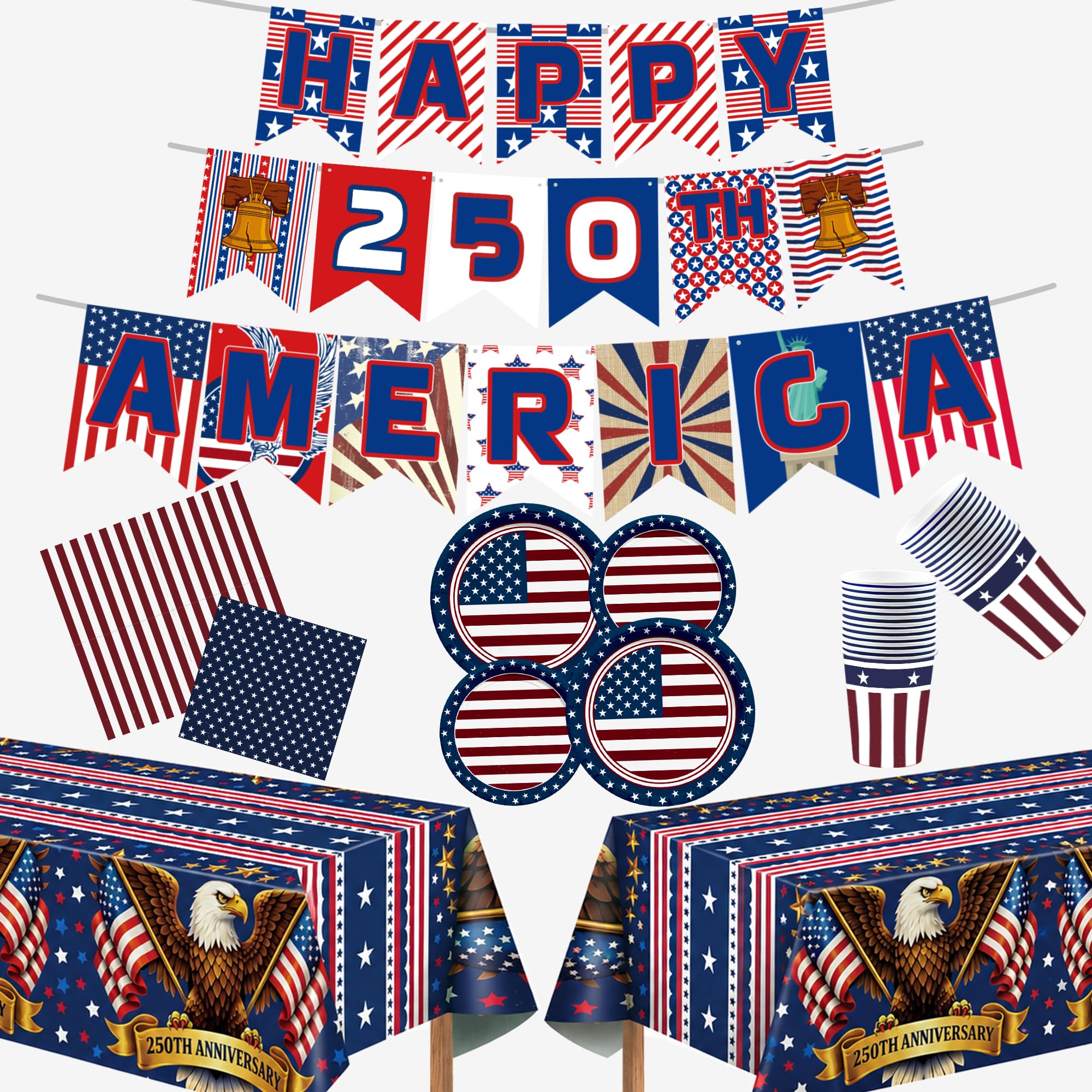 Photo 1 of 140 Pack 250th Anniversary Decorations- Serve 24 - Patriotic Plates Tablecloth Napkins Cups Banner | 4th of July Accessories for 250th Anniversary Merchandise Home Indoor Outdoor
