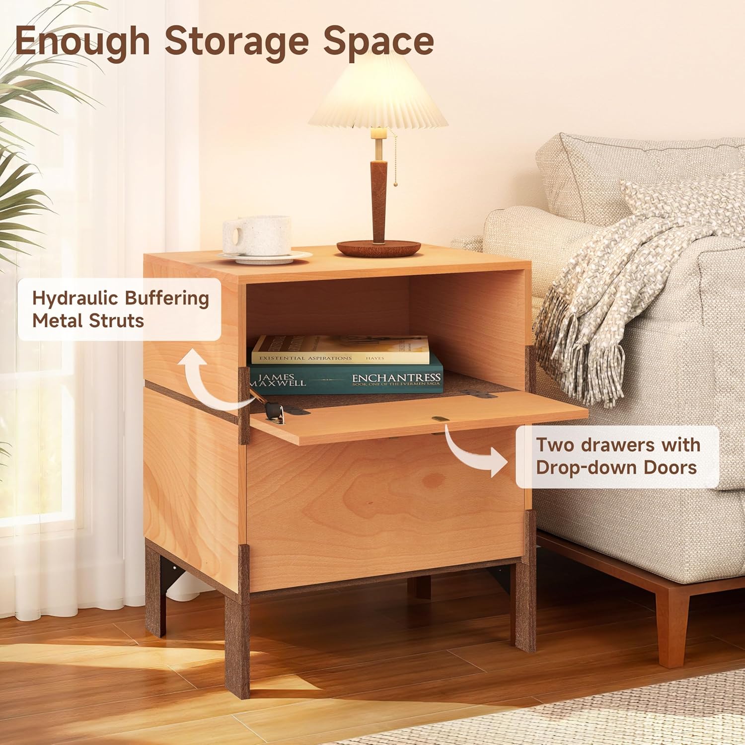 23" Night Stand, Easy Assembly Bedside Table with 2 Storage Drawers, Mid-Century Style Wood End Table for Bedroom, Dormitory, Basswood Color (1 pcs)