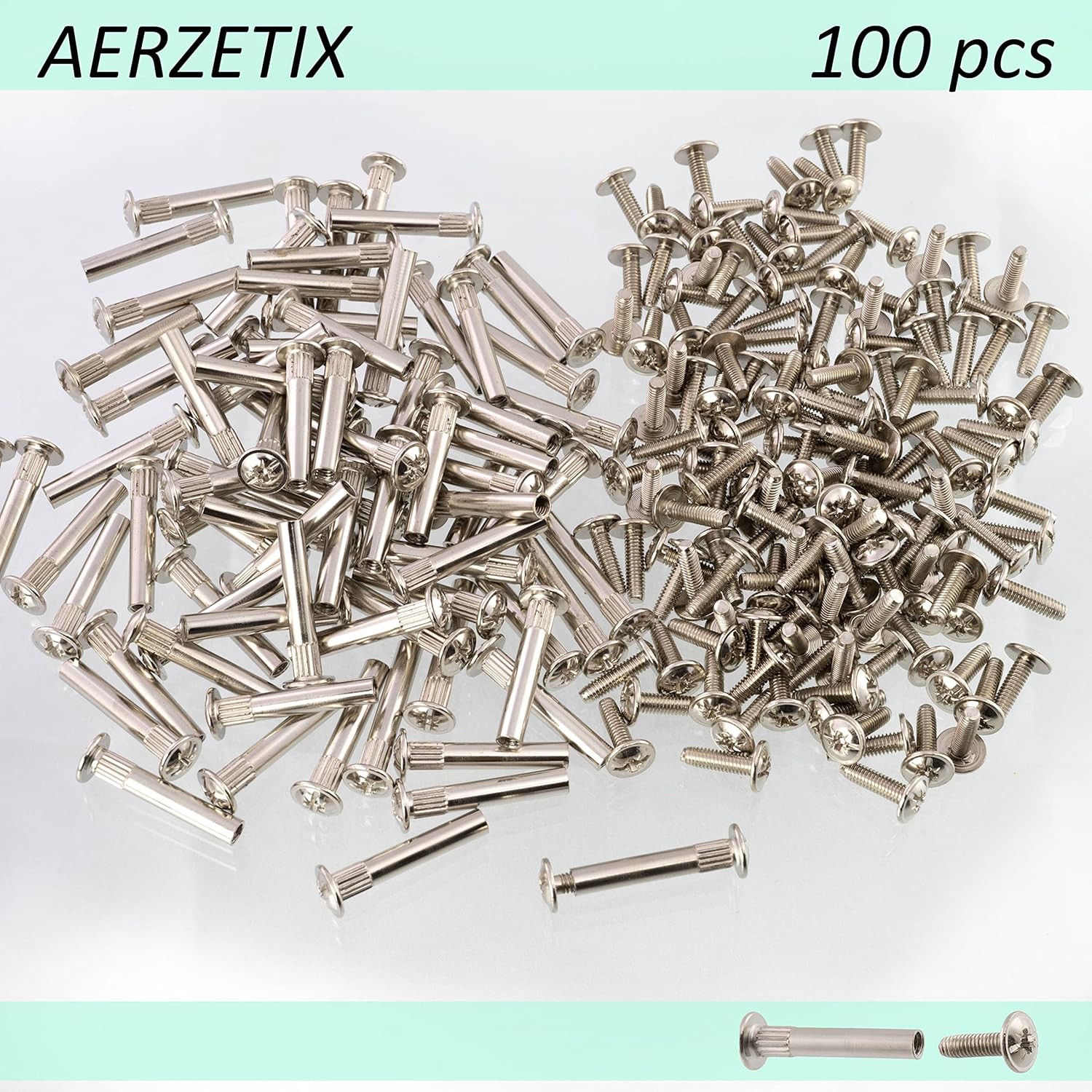 AERZETIX - C65818 - Set of 100 Assembly Screws M4x15mm with Sleeve M4x30mm - Steel - Silver Colour - Hardware for Mounting Bolt Carpenter Furniture Wood MDF Cabinet Cupboard