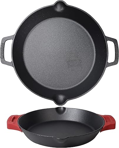 Sartén de hierro fundido  Sartenes de doble asa de 12 pulgadas + fundas de soporte de mango de silicona  Utensilios de cocina aptos para horno  Uso