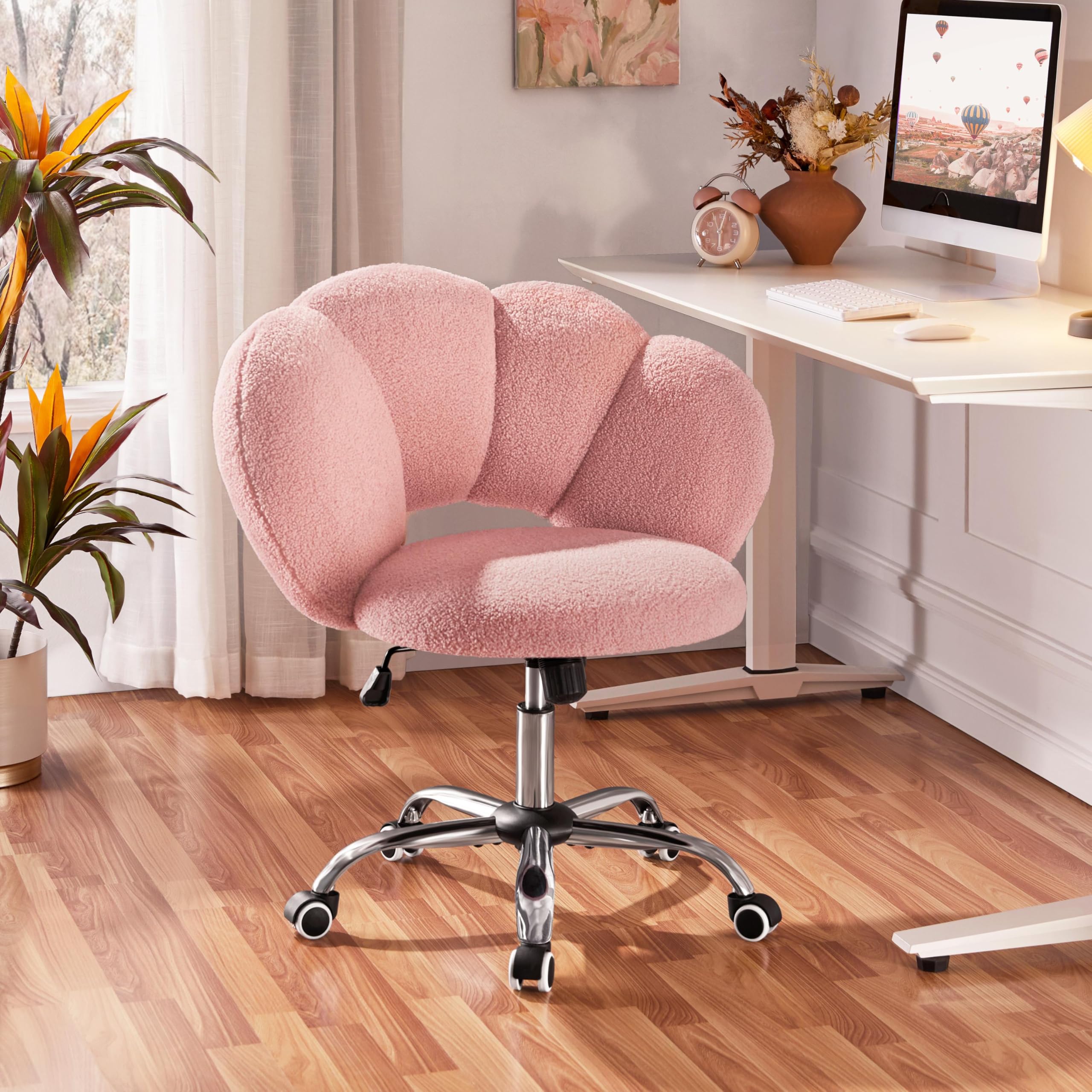 Yaheetech Poltrona da ufficio, sedia girevole ergonomica, schienale comfort in nuvola, regolabile in altezza, carico 136 kg, per soggiorno, camera da letto, ufficio, rosa/ricci