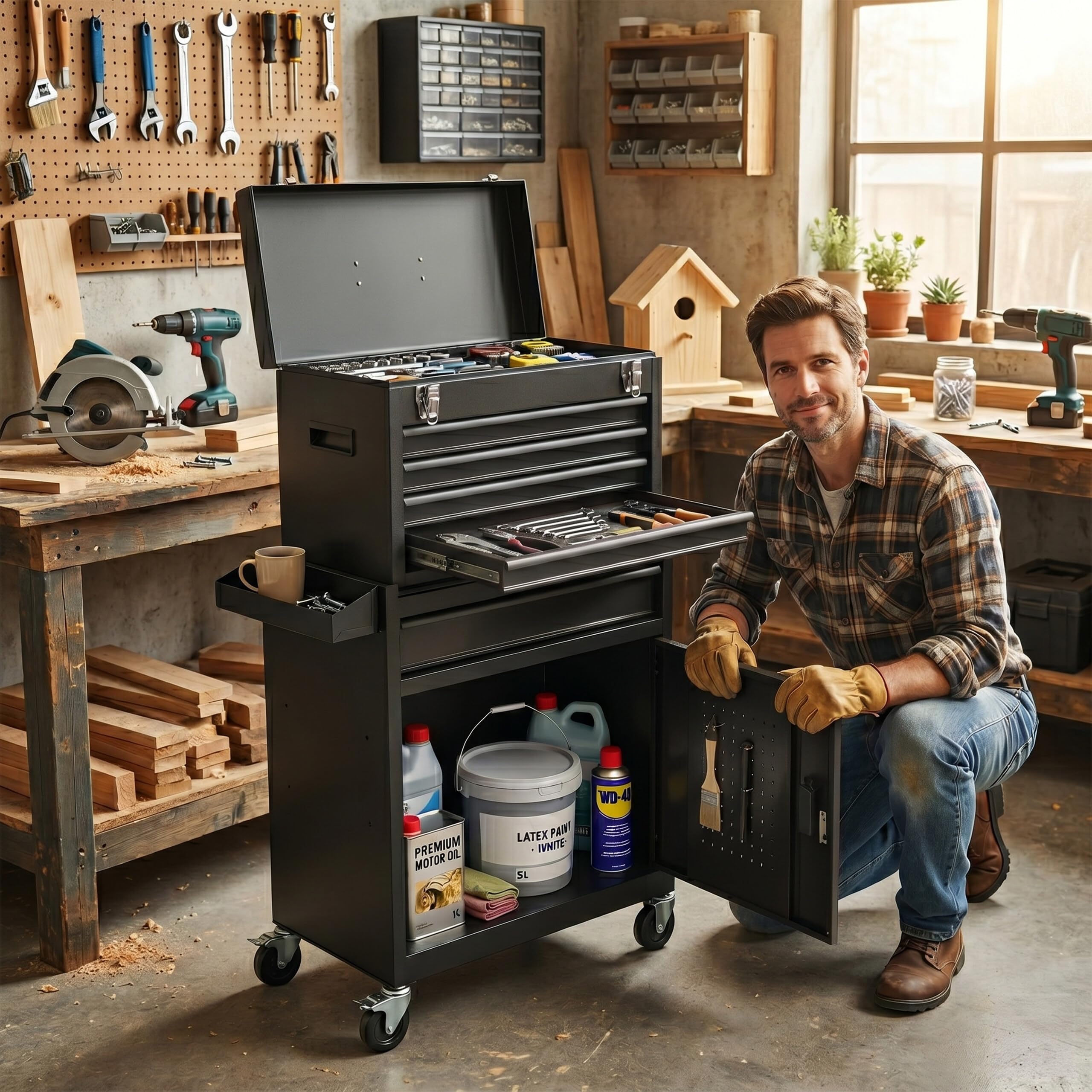 Relaxdays Carrello Officina con 5 cassetti, cassettino Superiore, Chiave, Ruote, Acciaio Nero 104x59,5x28 cm