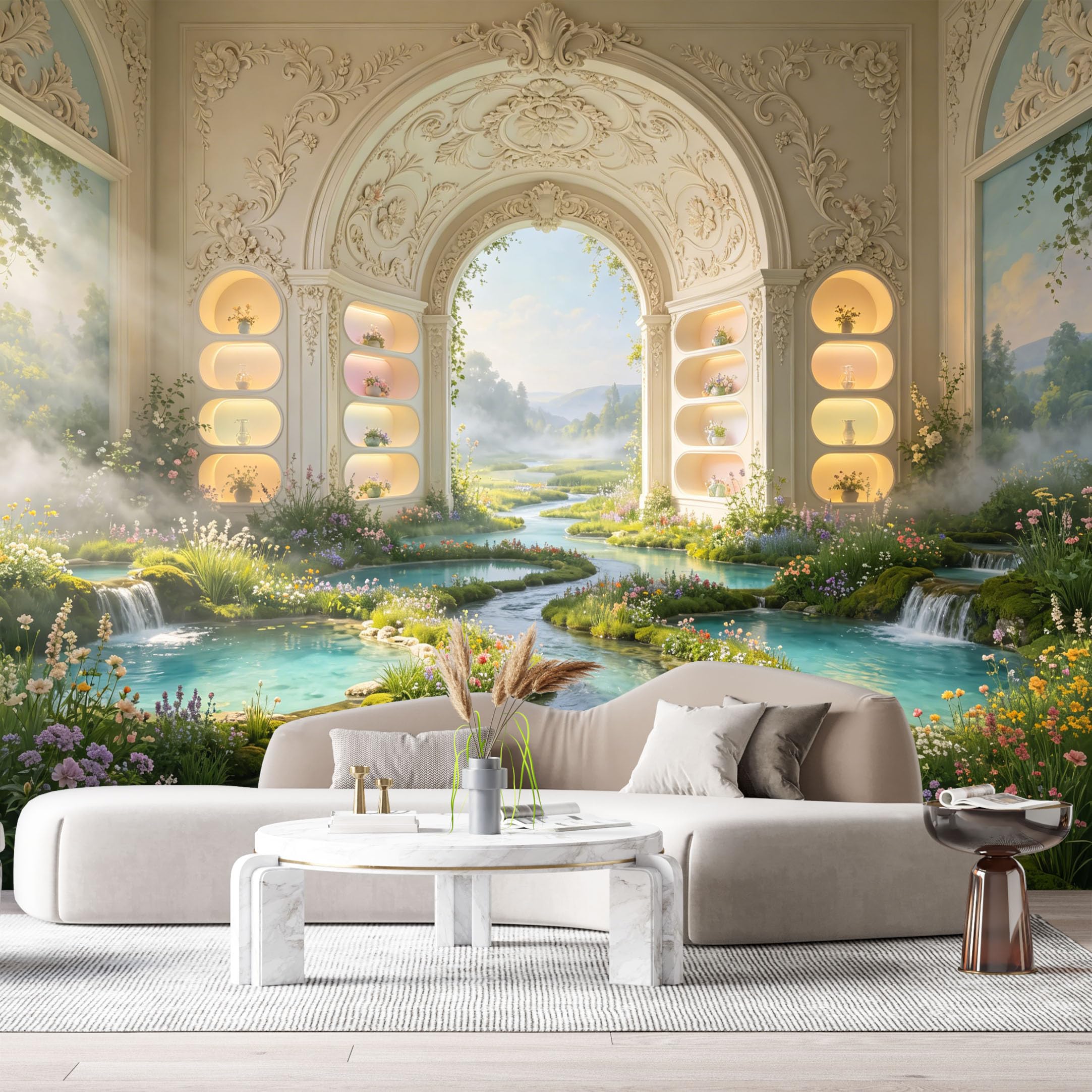 Custom Size Wall Murals Neoclassical Fantasy Garden Turquoise Stream Waterfall 3D Trompe L'Oeil SelfAdhesiveWall Fabric Removable Wallpaper Wall Decor for Living Room Bedroom Bathroom