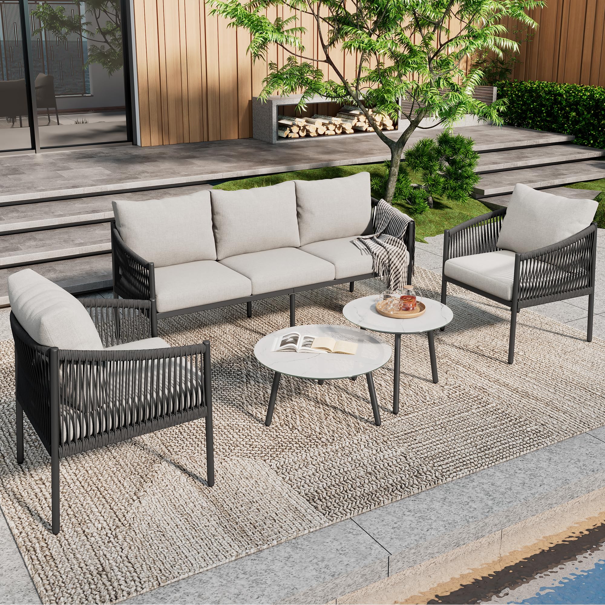 Lexiou Set di sedie da giardino, divano a 3 posti, 2 poltrone e 2 tavolini, per esterni, piano in vetro laccato marmo, corda intrecciata a mano, grigio