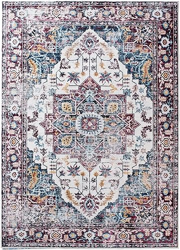 Alfombra lavable a máquina, de 5 x 7 pies, diseño de medallón vintage, antideslizante, para sala de estar, dormitorio, resistente a las manchas,