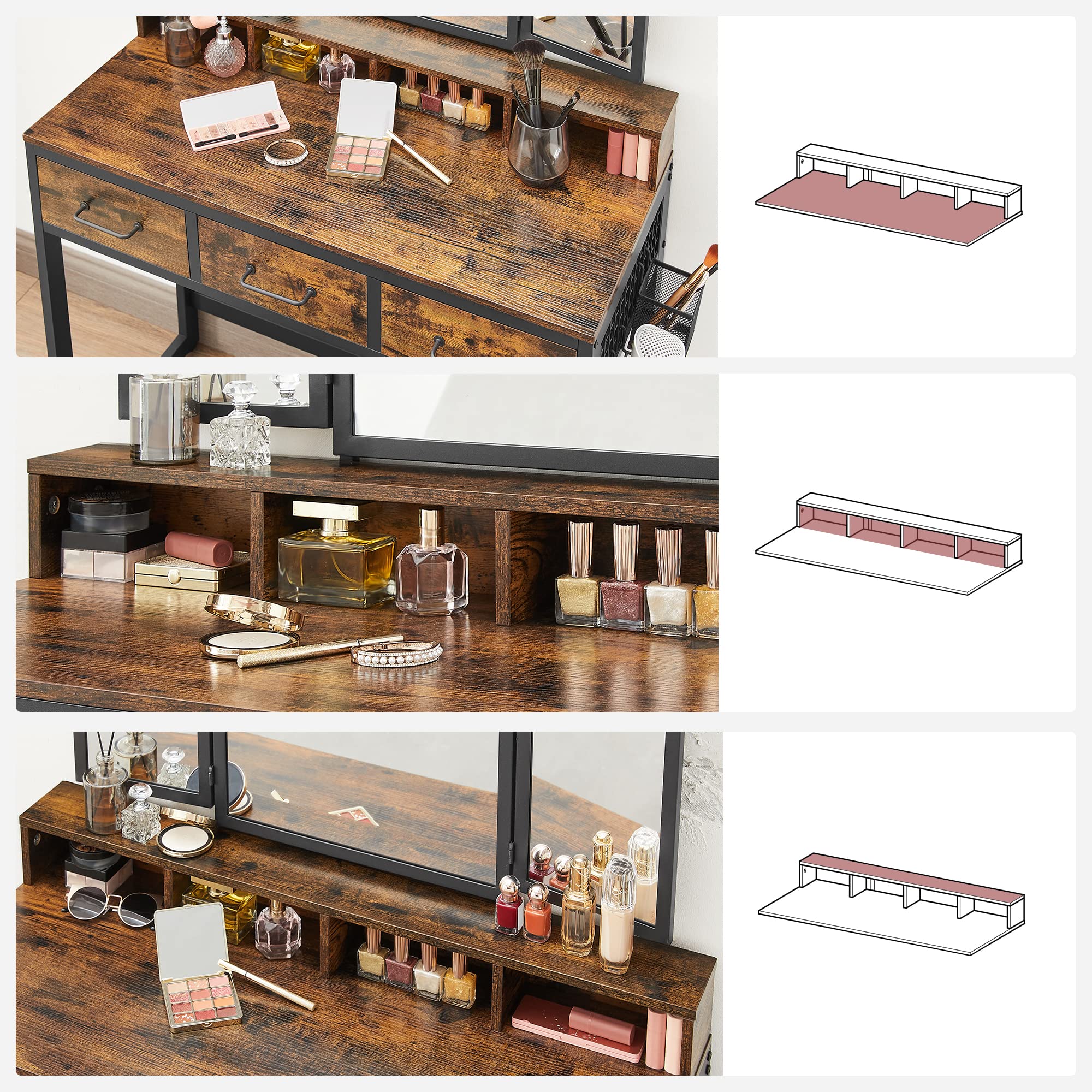 VASAGLE RVT004B01 - Set di mobili sotto lo sgabello imbottito, con specchio tripper, 3 cassetti, supporto per asciugacapelli, tavolo da toeletta, stile industriale, marrone rustico e nero