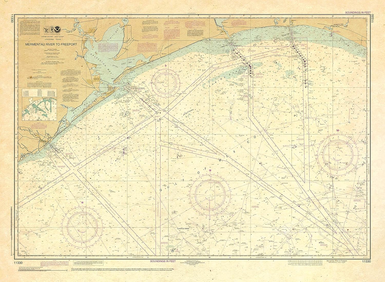 Paradise Cay Publications Antiqued NOAA Chart 11330: Mermentau River to Freeport