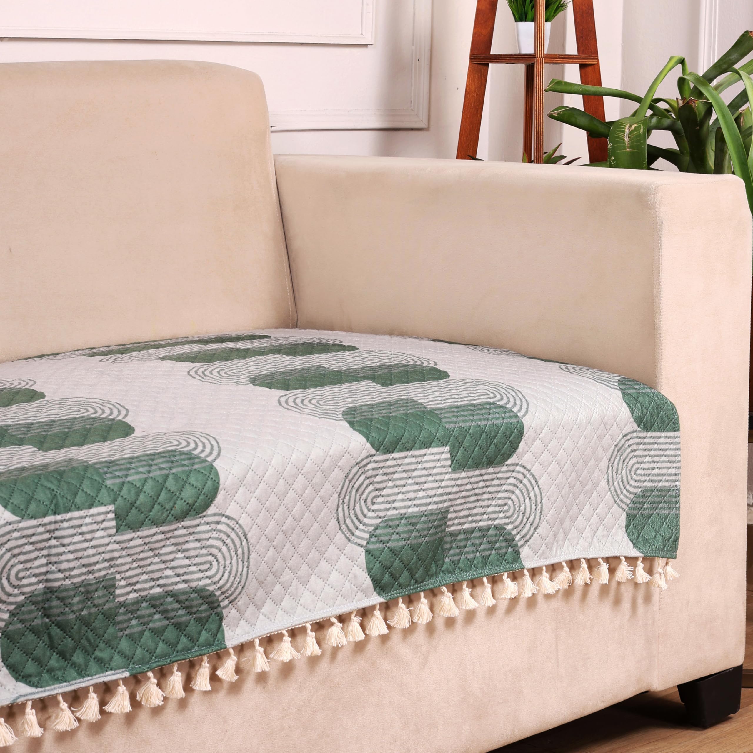 STITCHNEST 1 Seater Printed Quilted Velvet Sofa Slip Cover Protector with Tassels4