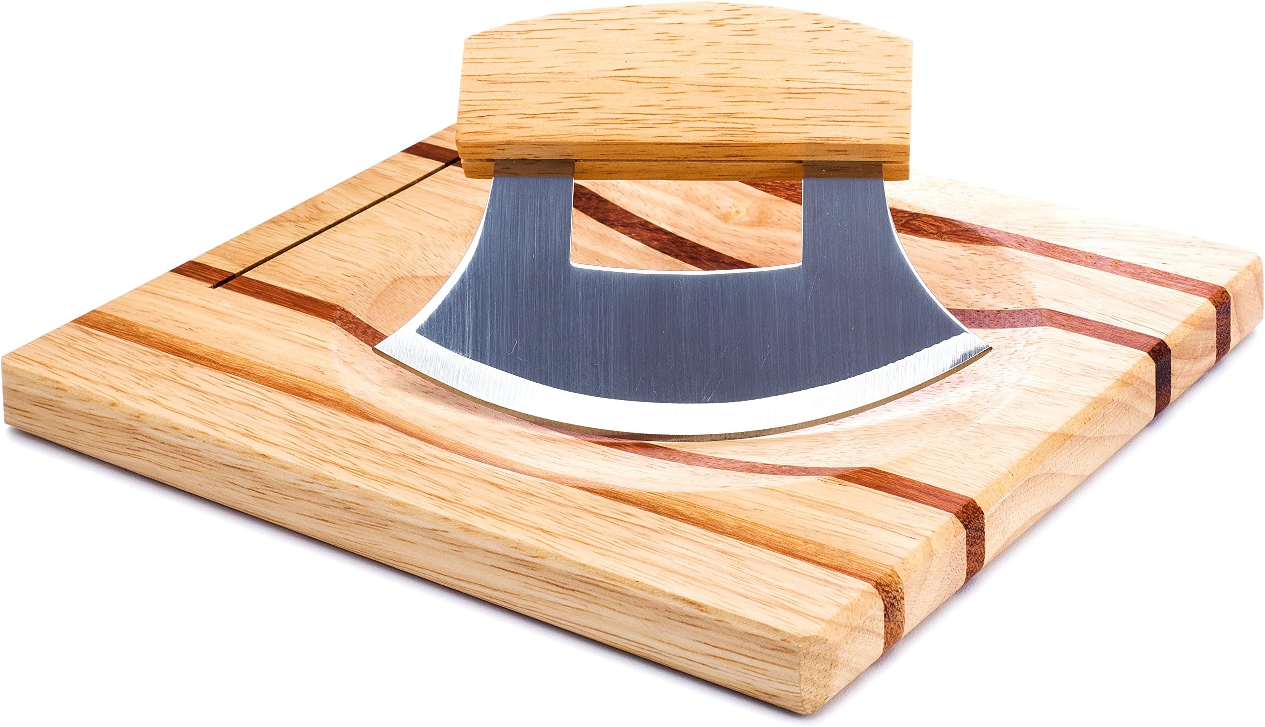 Ulu Knife with Matching Cutting Board, Crafted From Wood, Tempered Steel Blade is Super Sharp, Much Easier & Faster Food Preparation