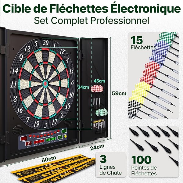Ultrasport Cible de Fléchettes Électronique avec et sans Portes I Jeu de Fléchettes Électronique pour 1 à 8 Joueurs avec 15 Fléchettes, 15 Plumes, 100 Pointes de Fléchettes, 3 Lignes de Chute - 2
