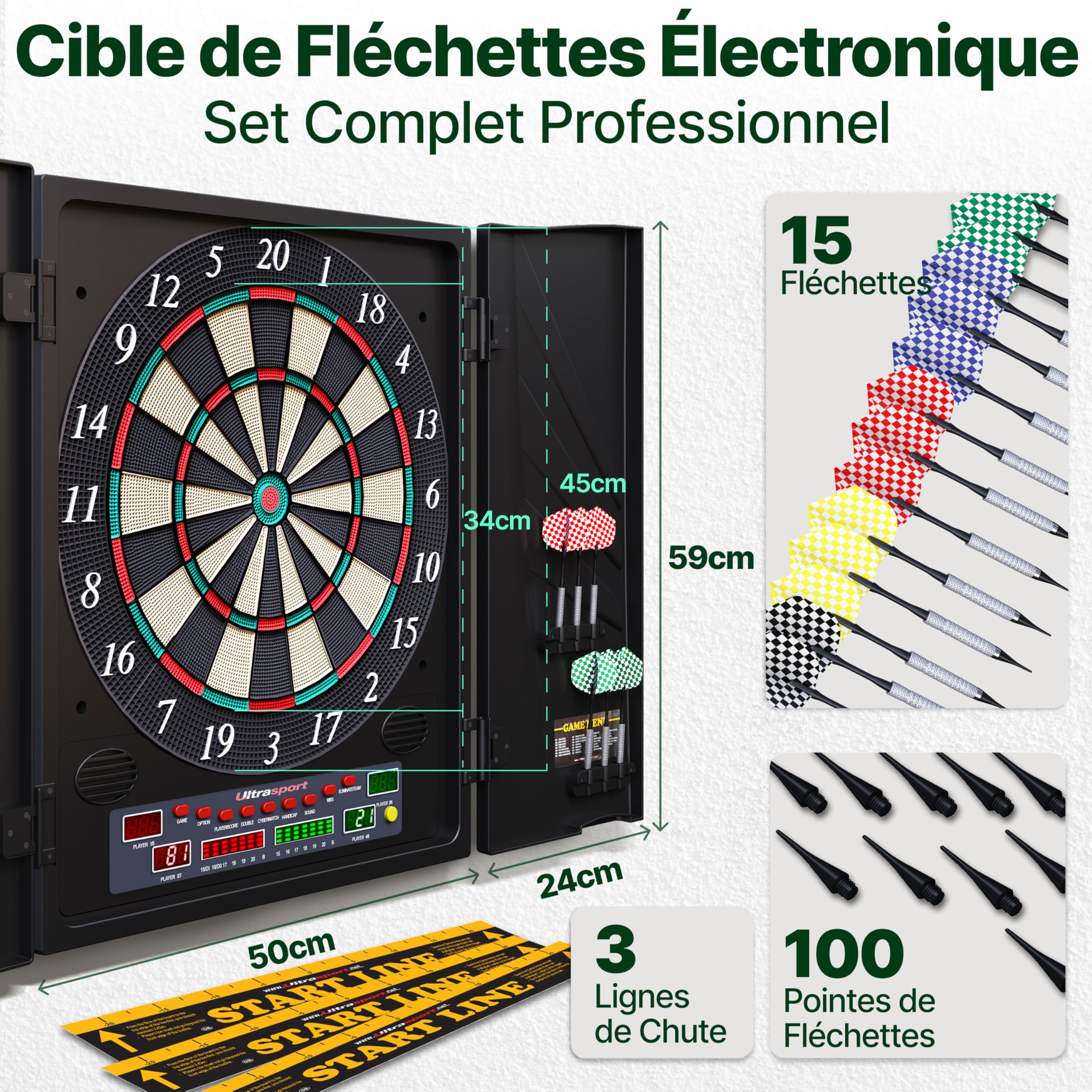 Ultrasport Cible de Fléchettes Électronique avec et sans Portes I Jeu de Fléchettes Électronique pour 1 à 8 Joueurs avec 15 Fléchettes, 15 Plumes, 100 Pointes de Fléchettes, 3 Lignes de Chute