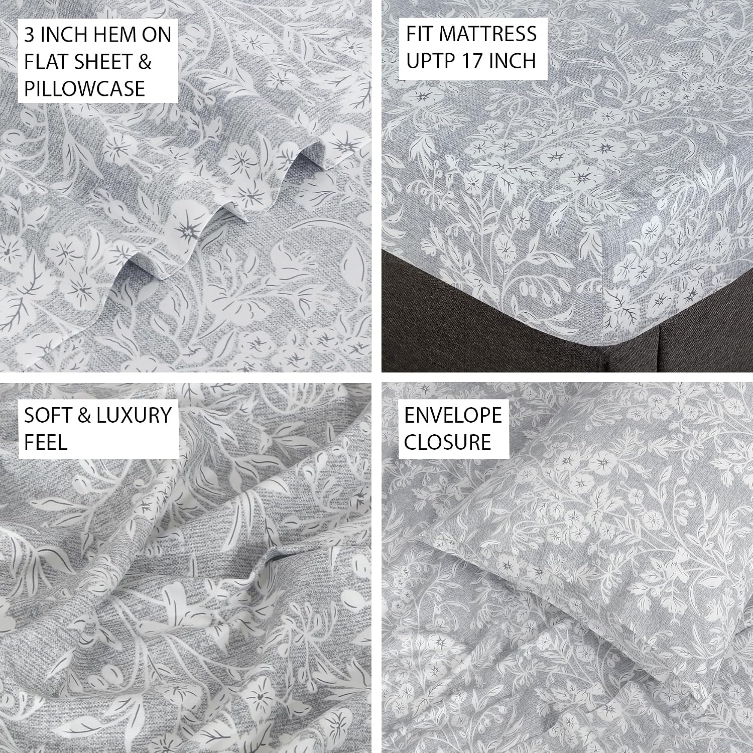 Feather & Stitch 300TC Full Size 100% Cotton Sateen Weave Printed Sheet Set, Cooling & Breathable Bed Sheets Set, 4 Piece 16" Elastic Deep Pockets, Soft Hotel Quality- Full, Grey Floral