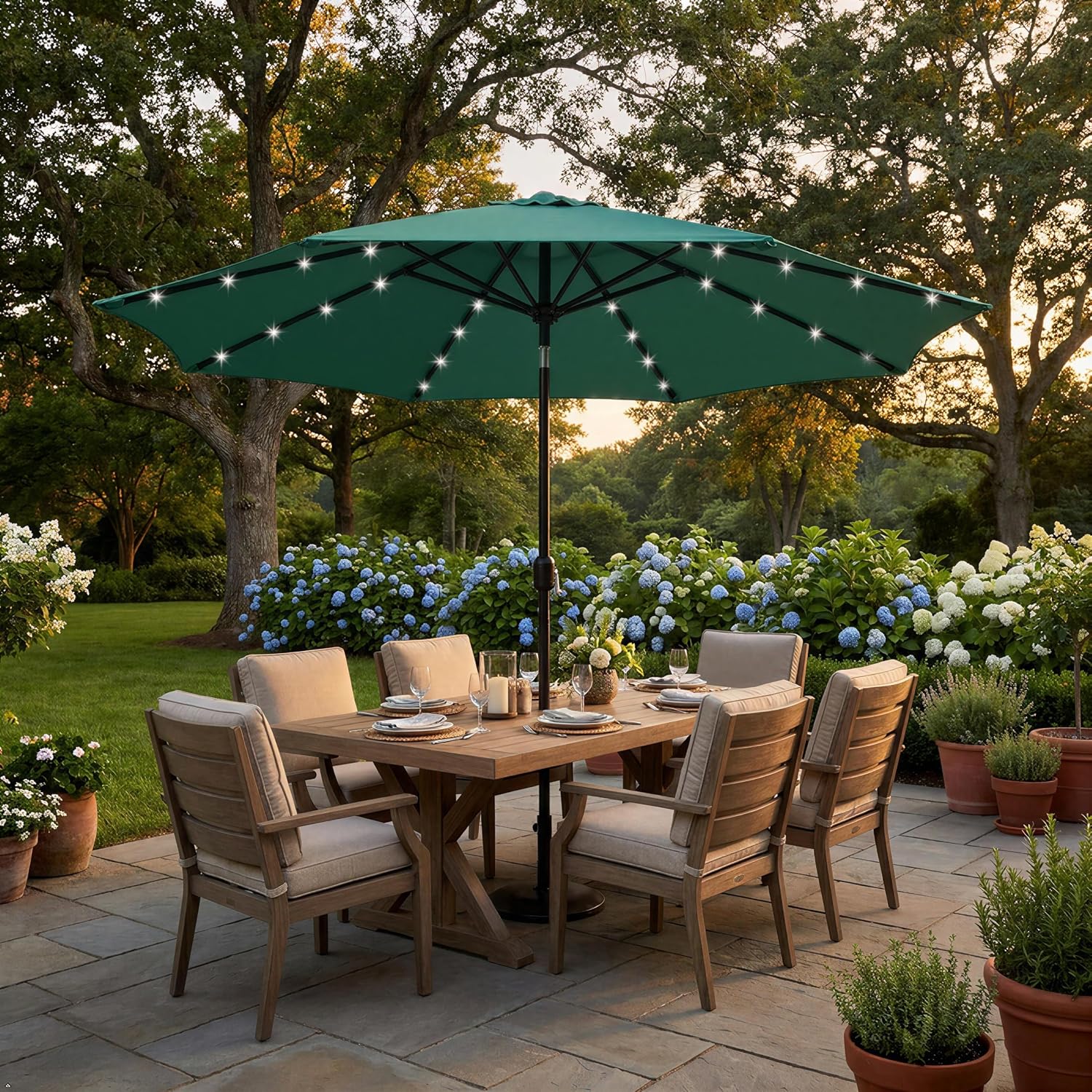 Yaheetech 9FT Patio Umbrella with Solar Lights - UV Protection Market Table Umbrella w/ 32 LED Lights & Push Button Tilt & Crank Lift System for Garden/Lawn/Deck/Backyard/Pool,Dark Green