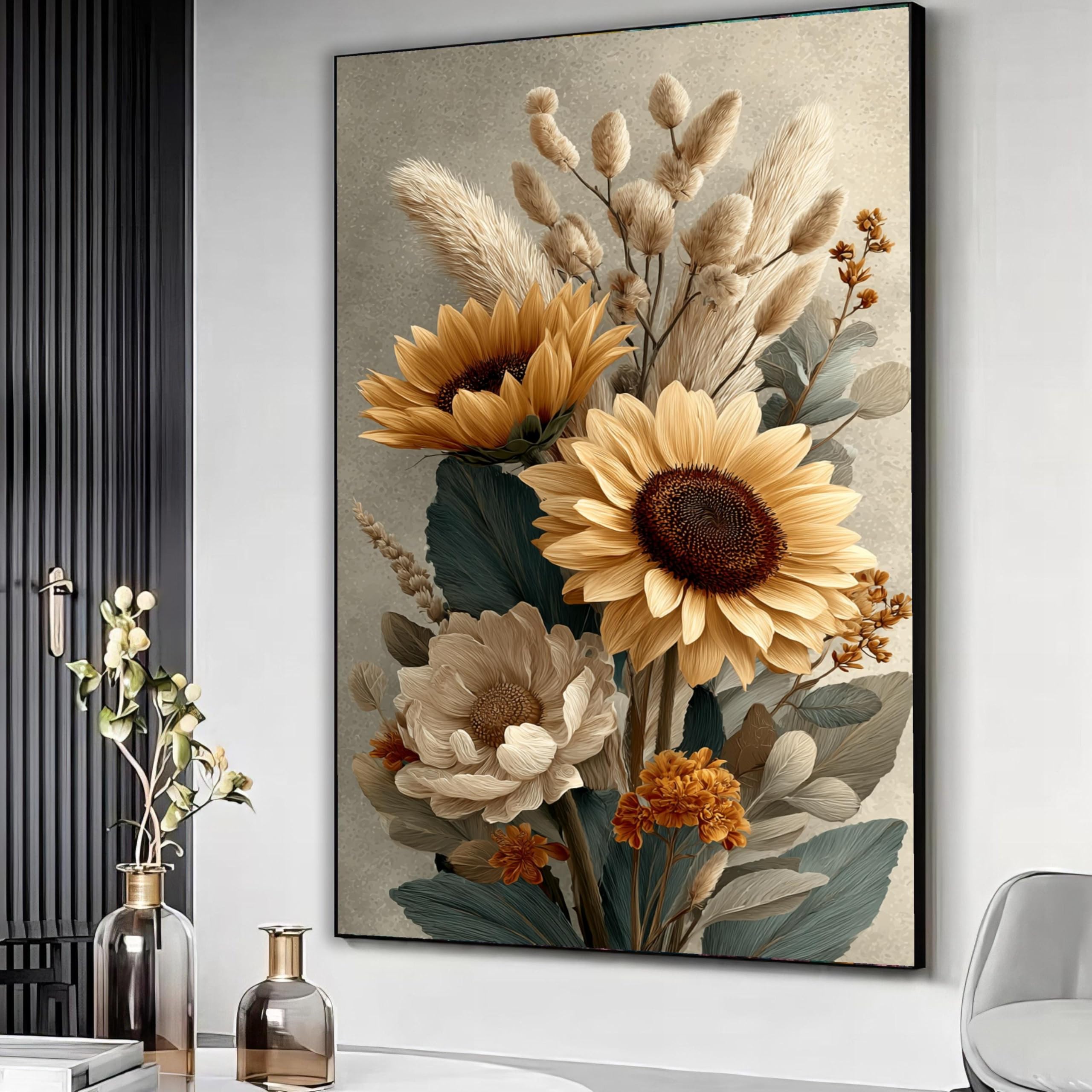 YUSUZHU Sunflower Bouquet Canvas, Neutral Floral Wall Art, Boho Nature Print, Dried Flowers Canvas Decor, Earth Tone Home Decor(21x30cm/Frameless)