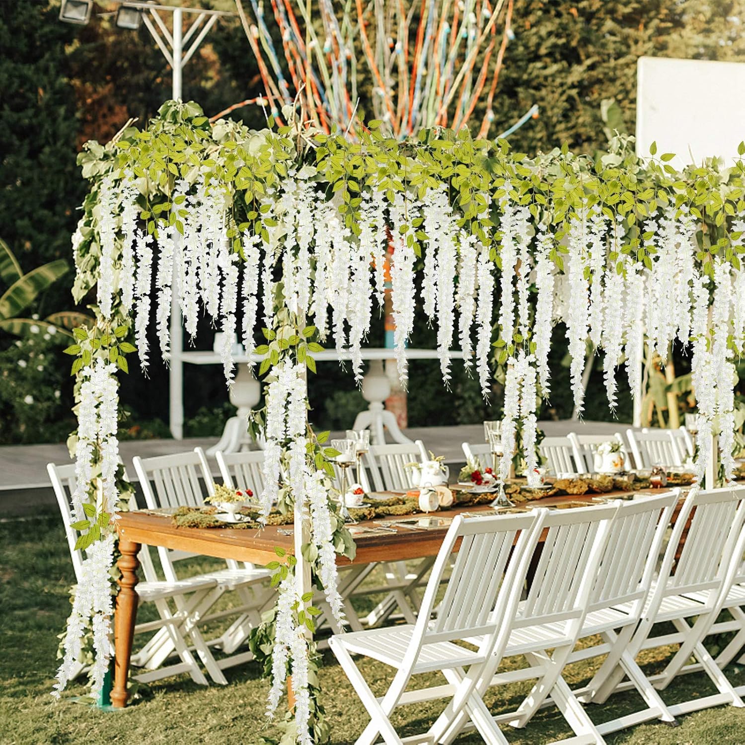 24 Pack 3.6 Feet Artificial Wisteria Vine Hanging Rattan Garland Silk Flower for Wedding Party Home Garden Outdoor Ceremony Floral Décor (24, White)