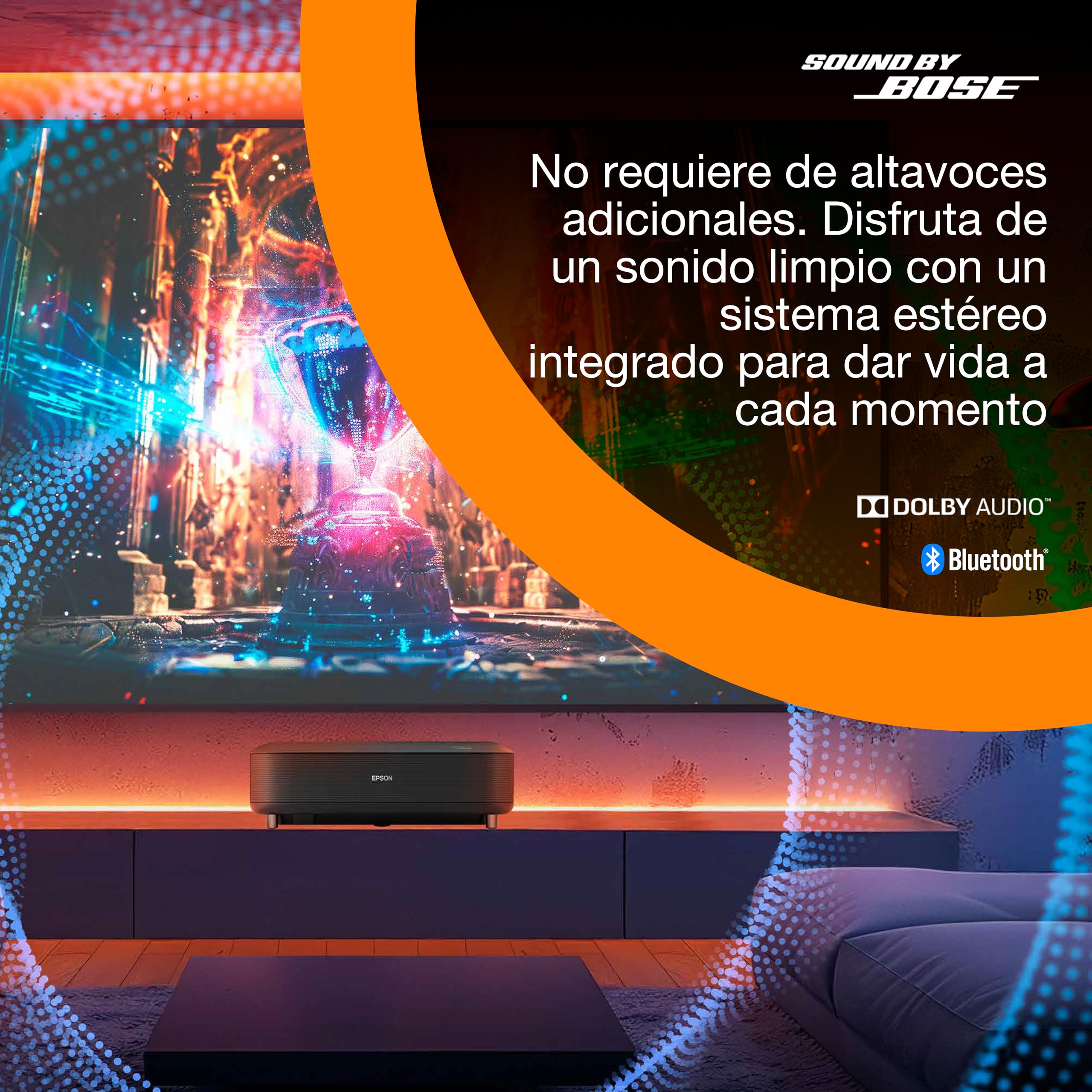 Epson Lifestudio Grand EH-LS670B | Proyector láser Smart TV de Distancia ultracorta | 4K Pro‑UHD | 3600 lúmenes | Imágenes con IA | Sound by Bose | Google TV | hasta 120″ | Garantía de 5 años | Negro
