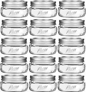 16 Pack Mason Jars 8 oz - Wide Mouth Mason Jars with Silver Metal Airtight Lids and Bands, Glass Canning Jar for Canning, ...