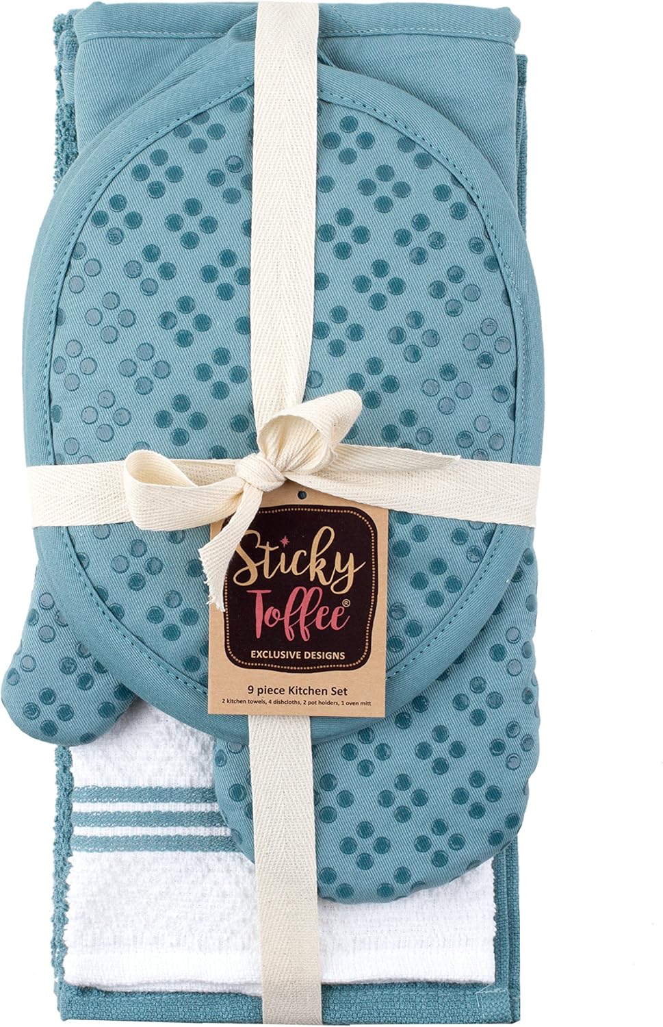 Sticky Toffee 9-Piece Kitchen Set – Blue 100% Cotton Terry Dish Towels, Dishcloths, Oven Mitts, and Pot Holders with Non-Slip Silicone, Oeko-Tex Certified - Image 7