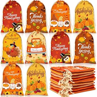 Coume 24 Pcs Thanksgiving Gift Bags with Drawstring, 4 x 6 Inch | Canvas Fall Party Favor Autumn Treat Bag Cute Turkey Pumpkin Goodie Candy Bag for Gift Wrap Harvest Supplies