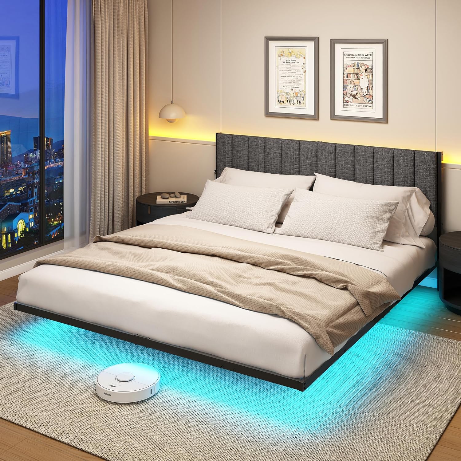 DUMEE King Size Bed Frame with Upholstered Headboard, 5ft Floating Upholstered Kingsize Bed Frame with Charging Station and LED Light, No Box Spring Needed,Metal Slats Support, Gray Floating Bed