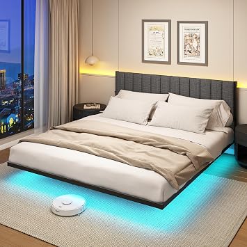 DUMEE Double Bed Frame with Upholstered Headboard, 4ft6 Floating Bed Frame with Charging Station and LED Light, Metal Slats Support, No Box Spring Needed,Gray Double Bed
