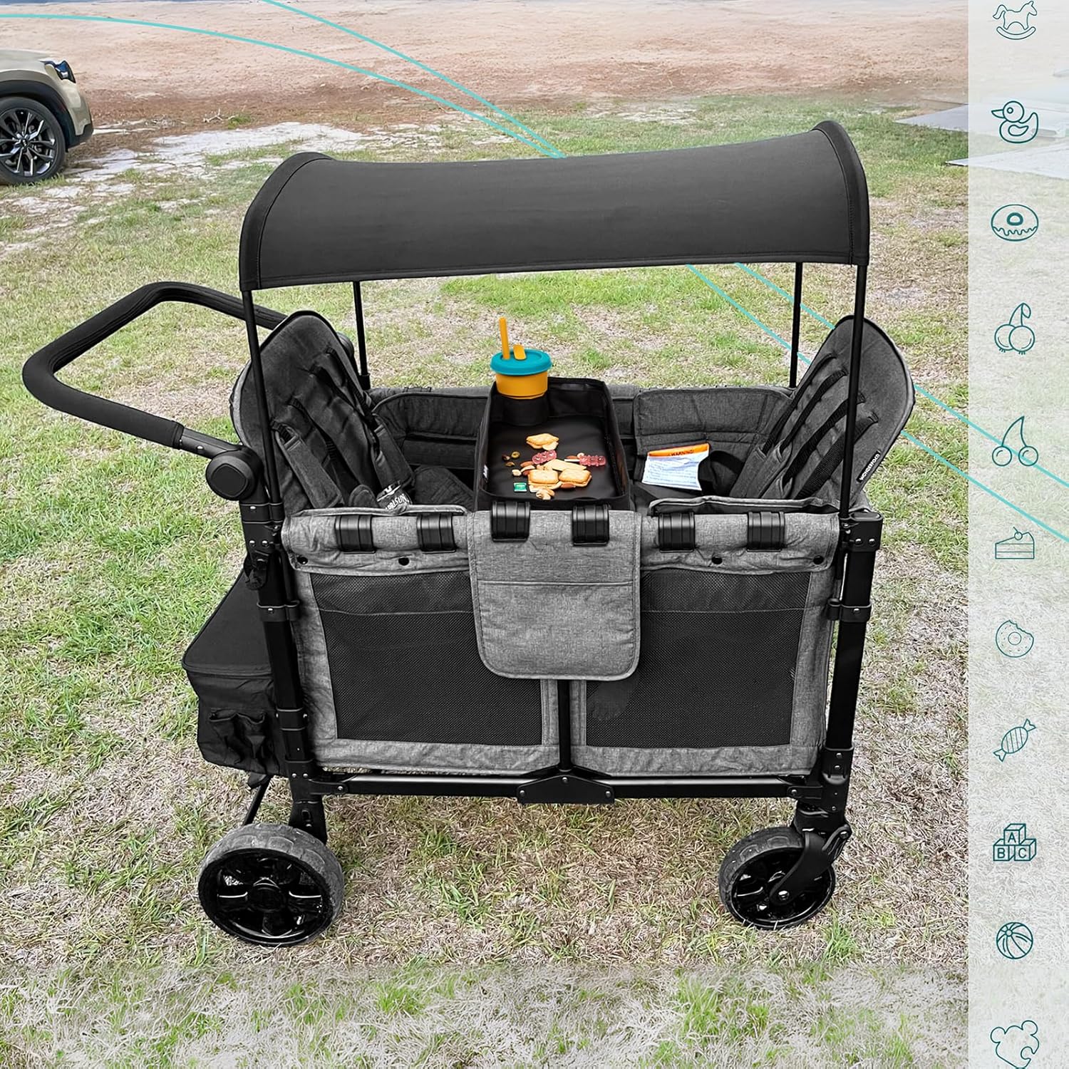 Double Sided Stroller Tray Fits for Wonderfold Wagon- Kids Snacks & Activities - Faux Leather Sides for Eating - 4 Cup Holders-W4 accessories, Easy to Use and Clean, Play On the Go (W4 Series)