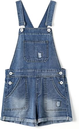 KIDSCOOL Girls Summer Denim Ripped Shortalls Jeans Overall Shorts Jumpsuit | Classic girls ripped denim shortalls with adjustable buckle straps, designing a trendy active summer playdate outfit