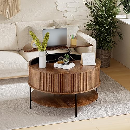 Miniatura 7 de Mesa de centro redonda con parte superior de almacenamiento y elevación, mesas de centro acanaladas circulares de madera, mesa central para sala de