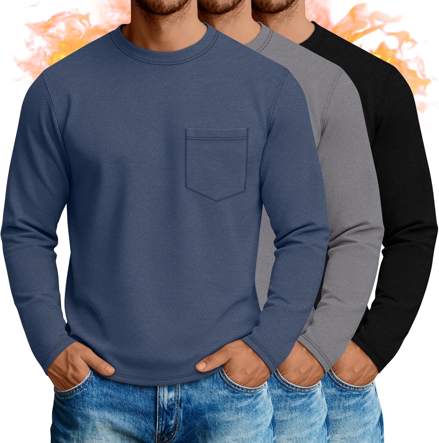 Neer 3 Pack Men's Big and Tall Thermal Shirt Fleece Lined Loose Fit Underwear Tops Casual Crew Neck Lightweight Base Layer