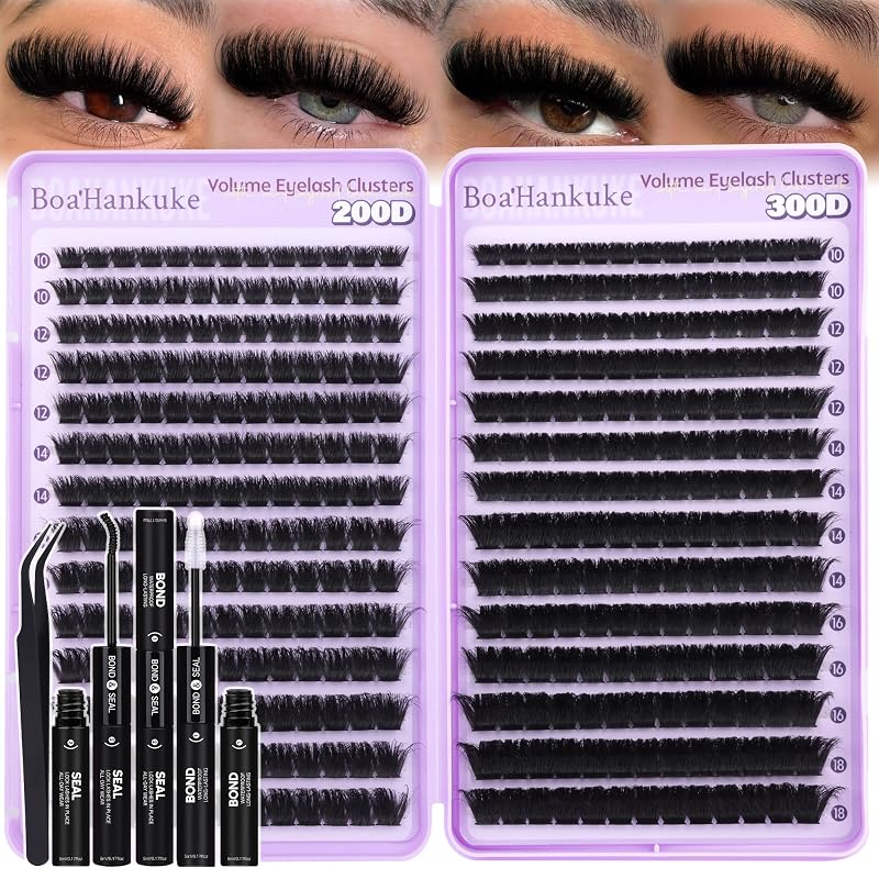 Lash Clusters Kit Fluffy Eyelash Extension Kit 200D/300D Thick Eyelash Clusters Kit D Curl Volume Individual Lashes Dramatic Cluster Eyelash Extensions with Lash Bond&Seal, 10-18mm
