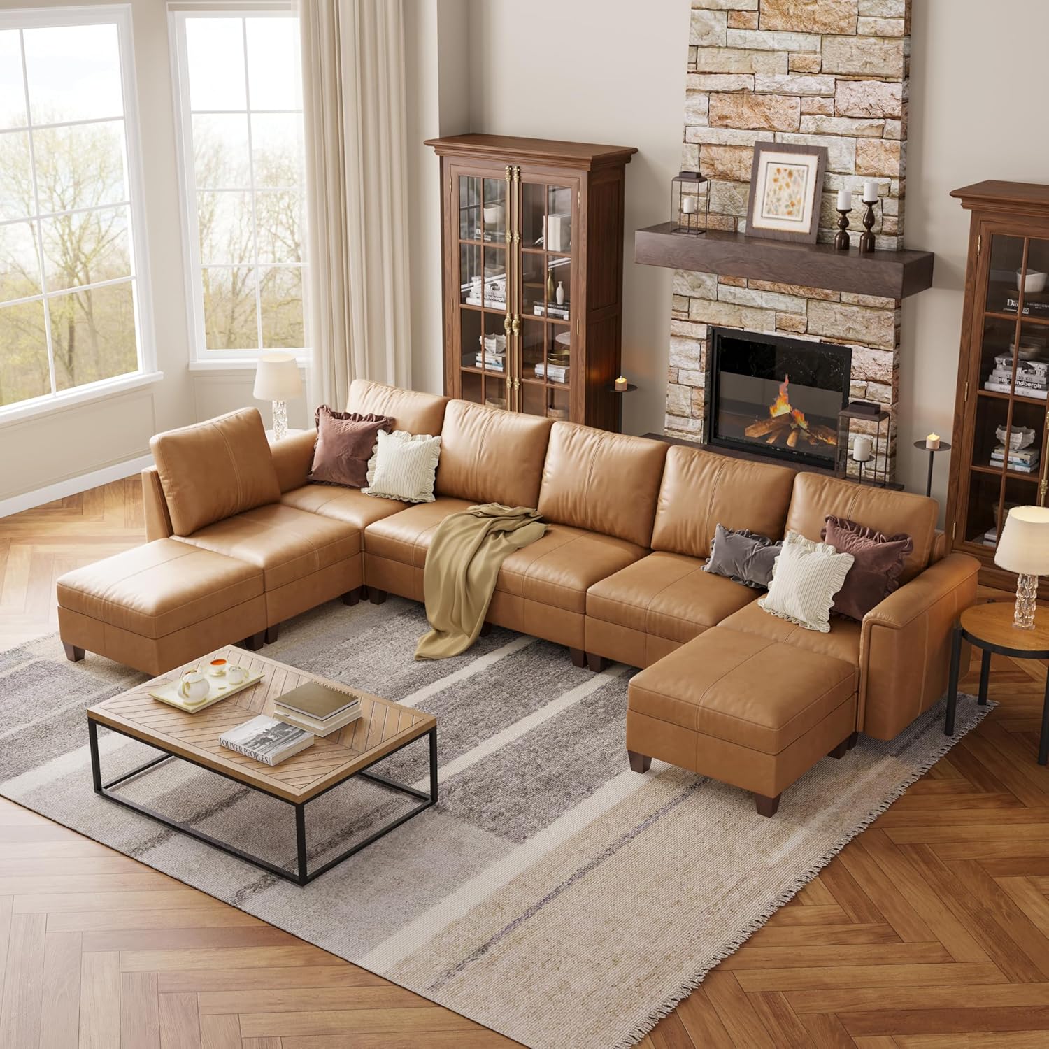 SITJOY 145″ Faux Leather Modular Sectional Sofa with