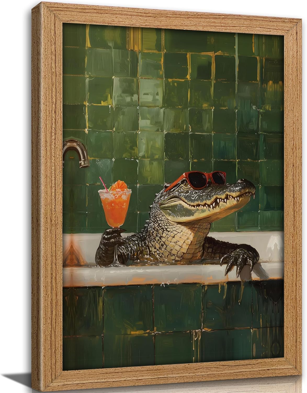 Funny Crocodile Bathroom Wall Art Framed Chillin Crocodile with Cocktail Wall Decor Funny bathtub Animal Painting Picture Cool Alligator Bath Time Prints Artwork for Bathroom Bar Home Decor