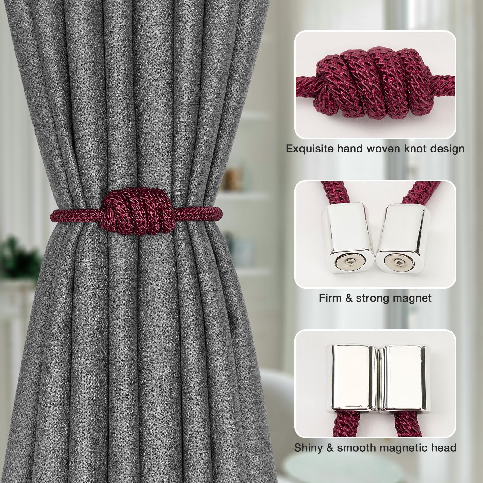 Pretty Jolly 2 Pack Mini Magnetic Curtain Tiebacks Modern Simple Style Drape Tie Backs Elegant Hand Weave Rope Knot Decorative Curtain Holdbacks for Home & Office Window Drapery (Wine Red) - Image 2