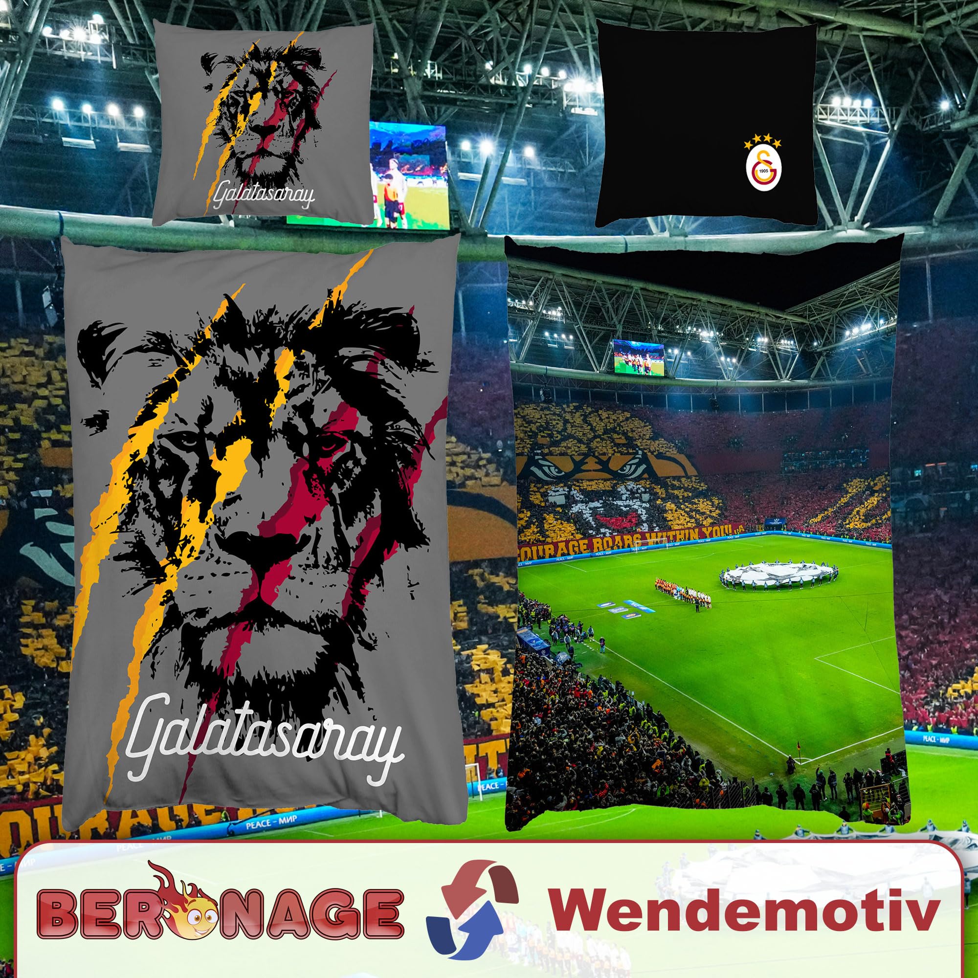 BERONAGE Galatasaray - Ropa de cama de Estambul RAMS Park 135 x 200 cm + 80 x 80 cm, 100 % algodón, calidad de fútbol, estadio GS Aslan Cim Bom, reversible, con cremallera, tamaño alemán