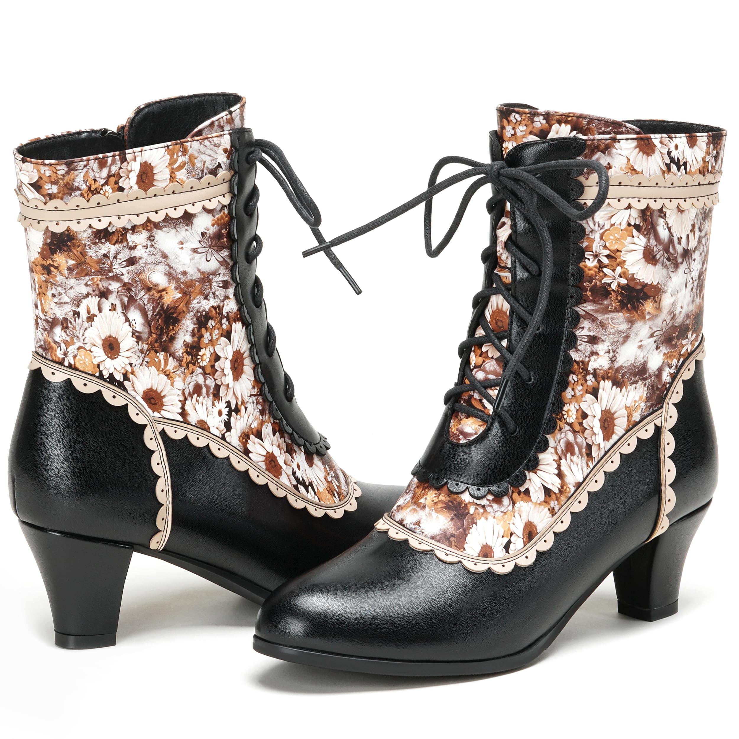ErikenUrben Women Vintage Floral Lace up Ankle Boots Mid Heel Victorian Booties